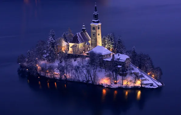 Winter, snow, trees, lights, lake, island, tower, home