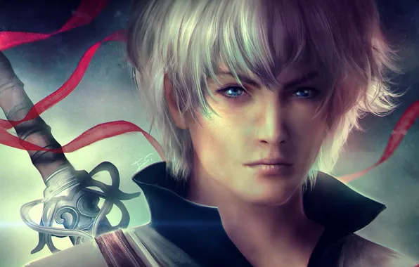 Look, hair, sword, art, guy, white hair