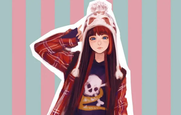 Picture strips, hat, skull, jacket, red, blue eyes, long hair, knitted