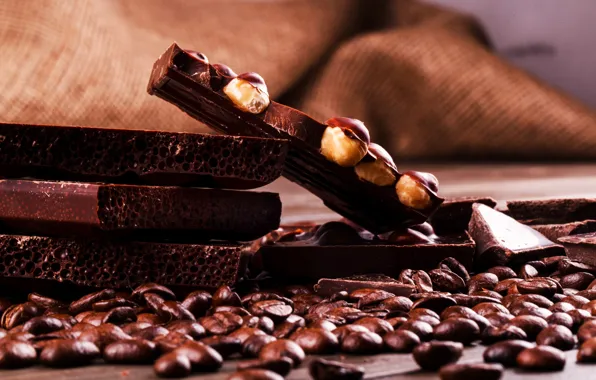 Coffee, Chocolate, nuts, coffee beans