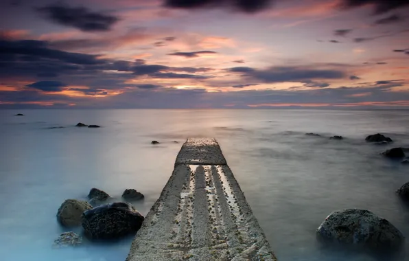 Picture sea, the sky, clouds, sunset, clouds, stones, shore, the evening