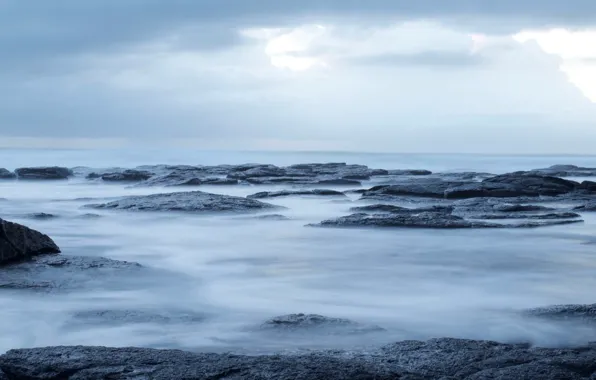 Waves, water, clouds, rocks, shore, bank, long exposure, probably night