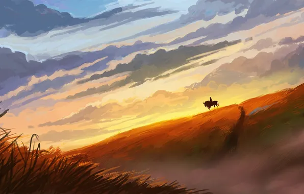 Sunset, slope, silhouette, art, painted landscape