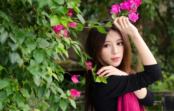 Girl, flowers, face, hair, beauty