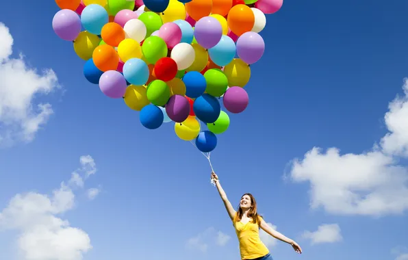 Picture the sky, girl, clouds, joy, balloons, brown hair, t-shirt