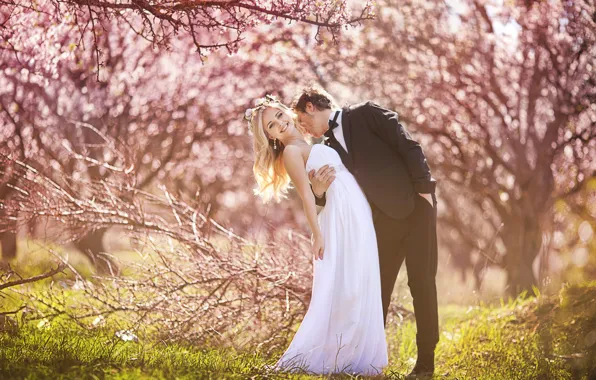 Picture grass, trees, smile, the bride, wreath, the groom