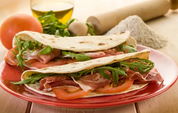 Greens, table, plate, meat, tomatoes, rolling pin, pita