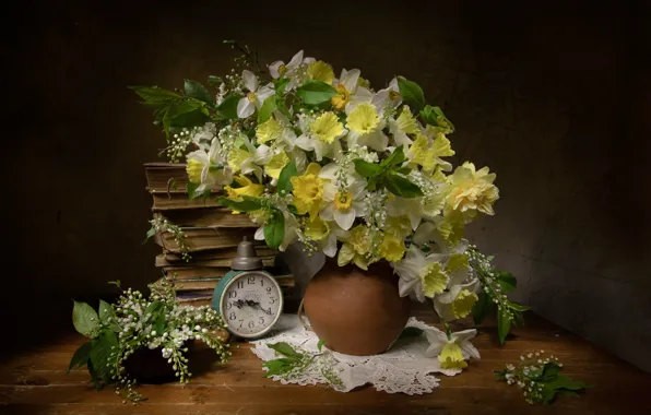 Picture style, books, bouquet, alarm clock, still life, daffodils, cherry, Tatiana Fedenkova
