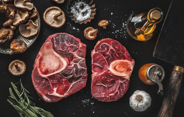 The dark background, mushrooms, oil, meat, garlic, salt, pepper