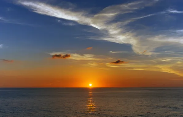 The sky, the sun, clouds, sunset, the ocean, horizon, The Pacific ocean