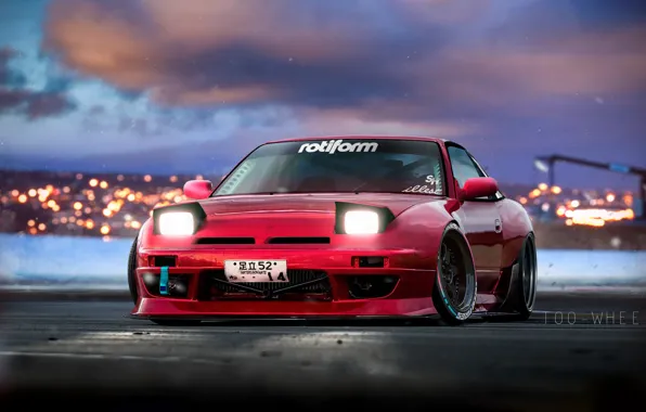 Red, Auto, Machine, Nissan, Lights, Illustration, 180SX, The front