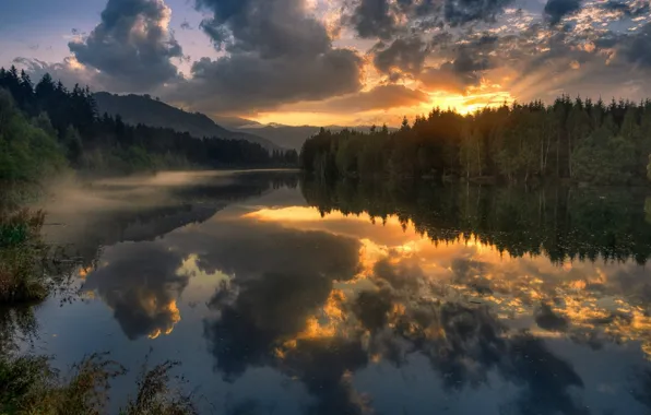 River, sunrise, the reflection in the water