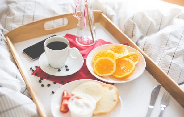 Coffee, orange, Breakfast, phone, iphone, slices, tray