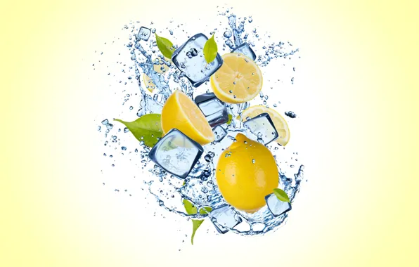 Ice, water, drops, lemon, ice, yellow background, water, slices