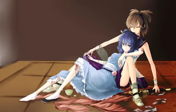 Music, girls, katana, headphones, hugs, touhou, art, hug