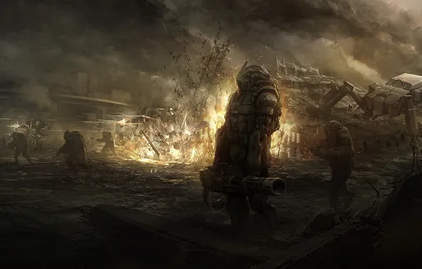 Picture the explosion, weapons, fire, robot, art, soldiers, armor, ruins