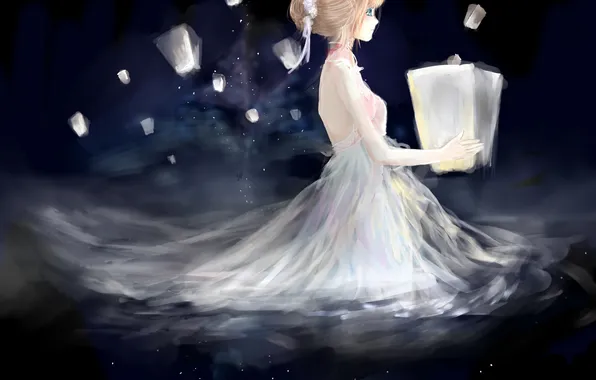 Picture water, girl, stars, anime, art, lanterns, saber, fate stay night