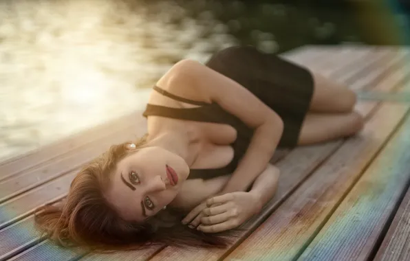 Chest, look, water, pose, Girl, dress, pierce, lies