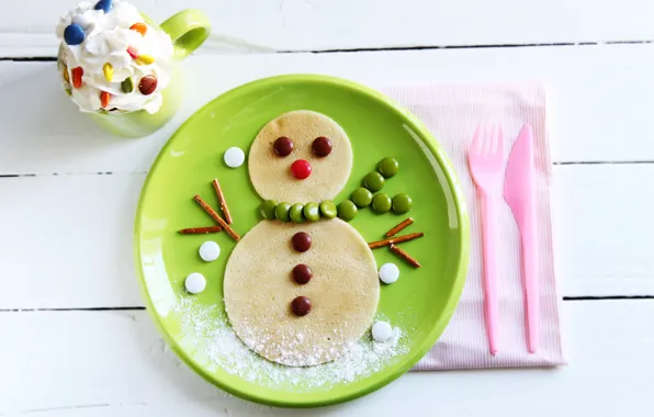 Picture winter, food, cream, plate, candy, Cup, sweets, snowman