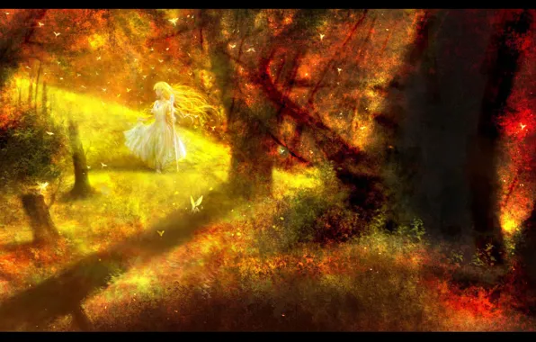 Forest, the sun, butterfly, elf, fairy, staff, white dress, full