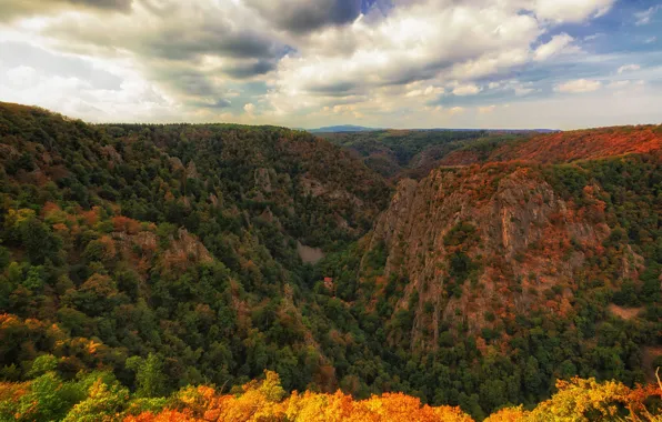 Picture autumn, forest, the sky, clouds, trees, mountains, rocks, Germany