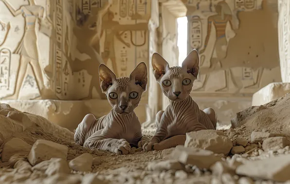 Cats, the ruins, kittens, Egypt, a couple, sphinxes, neural network