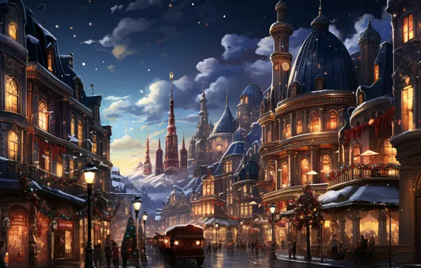 Home, The evening, People, Christmas, Tram, Lights, New year, Digital art