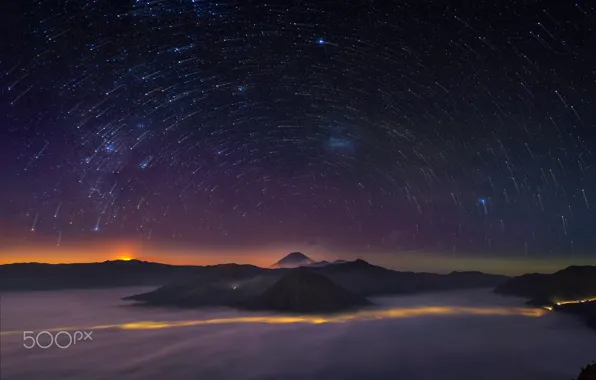 Stars, night, the skeleton, Indonesia, Java, volcanic complex-the Caldera TenGer, the volcano Bromo