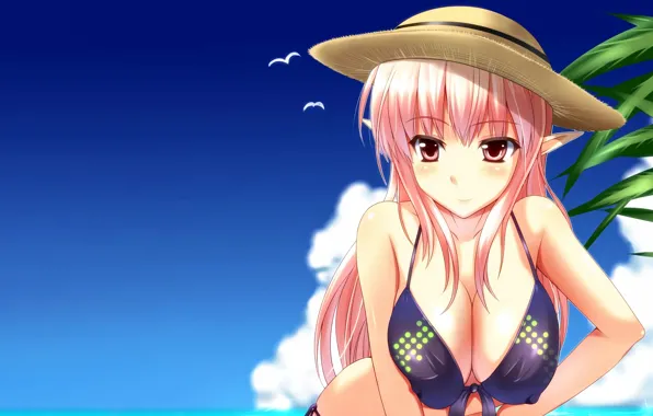 Girl, sexy, cleavage, pink hair, erect nipples, long hair, boobs, anime