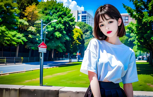 Asian, sky, trees, park, short hair, clouds, women, digital art