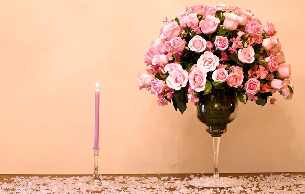 Picture flowers, roses, candle, vase