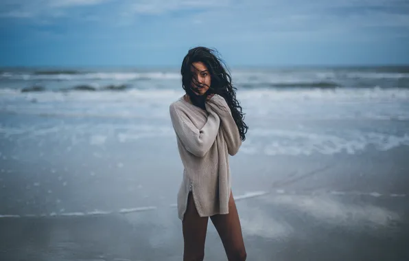 Picture beach, girl, the wind, brunette, curls