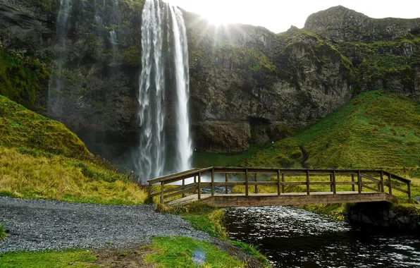 Picture bridge, rock, stream, waterfall, Iceland, path, Seljalandsfoss waterfall