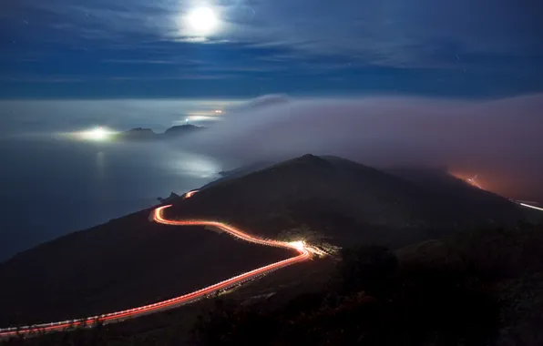 Road, night, hills
