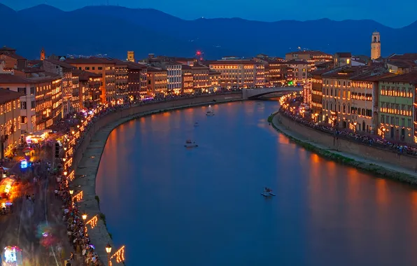 Landscape, mountains, night, lights, river, home, Italy, Pisa