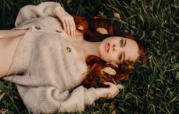Picture grass, look, girl, face, pose, red, jacket, redhead