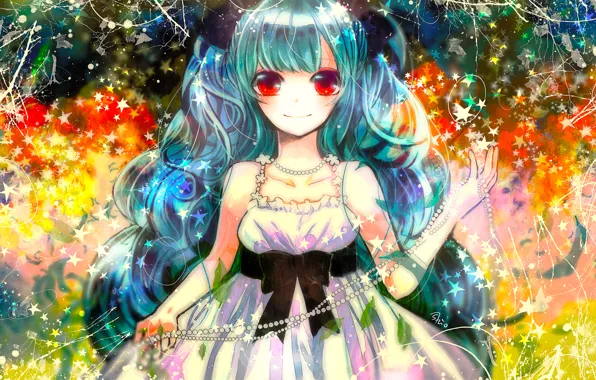 Picture smile, girl, beads, bow, red eyes, stars, blue hair