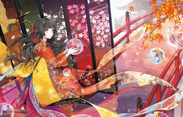 Girl, lanterns, fabric