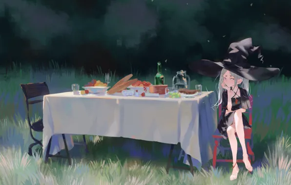 Girl, nature, table, food, witch