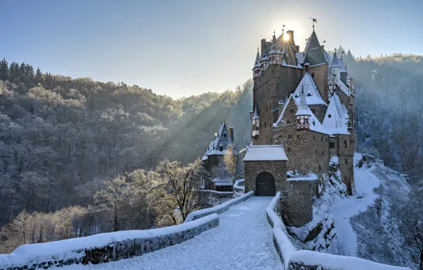 Winter, forest, snow, bridge, castle, Germany, Germany, Eltz Castle