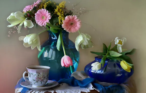 Flowers, tea, Tulip, bouquet, Cup, vase, still life, gerbera