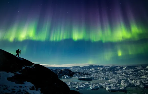 Picture the sky, night, Northern lights, ice, photographer