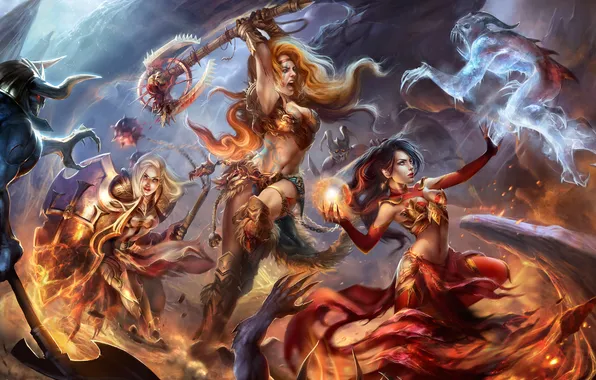 Girls, magic, warrior, art, monsters, MAG, battle, shield