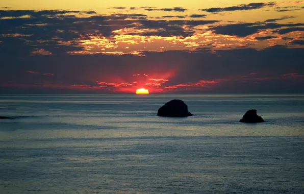 Sea, the sky, clouds, sunset, stones, horizon, island