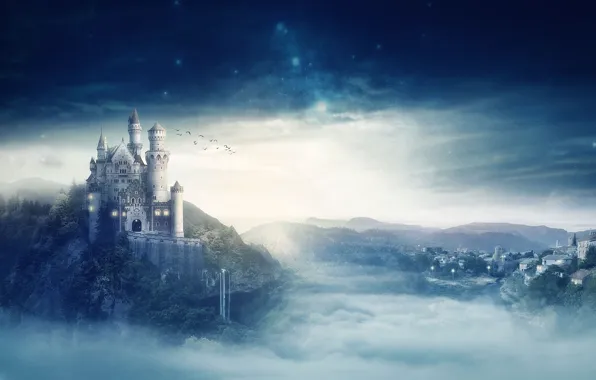 Picture the sky, night, fog, castle, bird, by FantasyArt0102