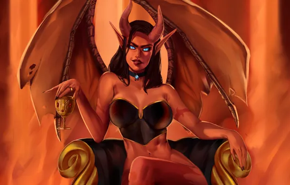Picture look, wings, chair, fantasy, art, horns, demoness