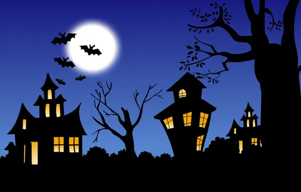 Night, castle, the moon, Halloween, bats