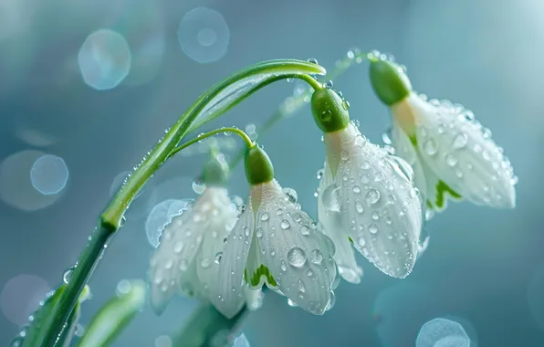 Drops, macro, flowers, Rosa, spring, snowdrops, white, blue background
