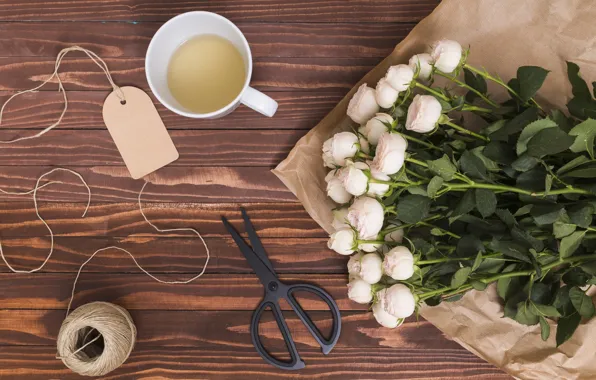 Tea, roses, bouquet, Cup, white, buds, packaging, composition