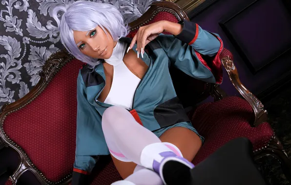 Chair, stockings, blonde, costume, heels, image, jacket, cosplay